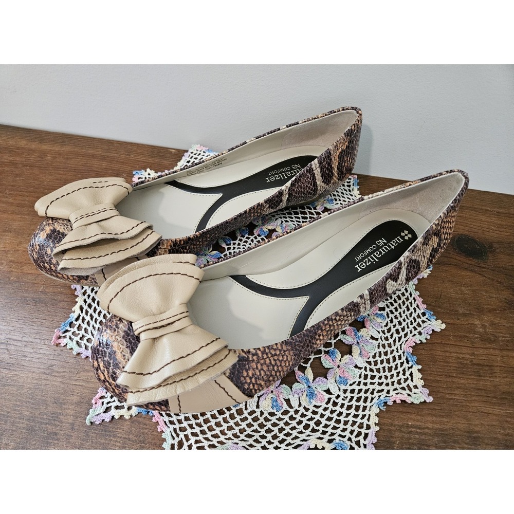 Naturalizer Flats 8W Brown Snakeskin Look Leather Decade Bow N5 Comfort Neutral